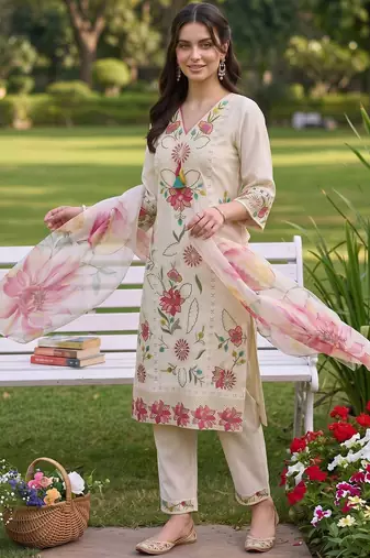 women floral embroidered regular thread work kurta with trousers with dupatta