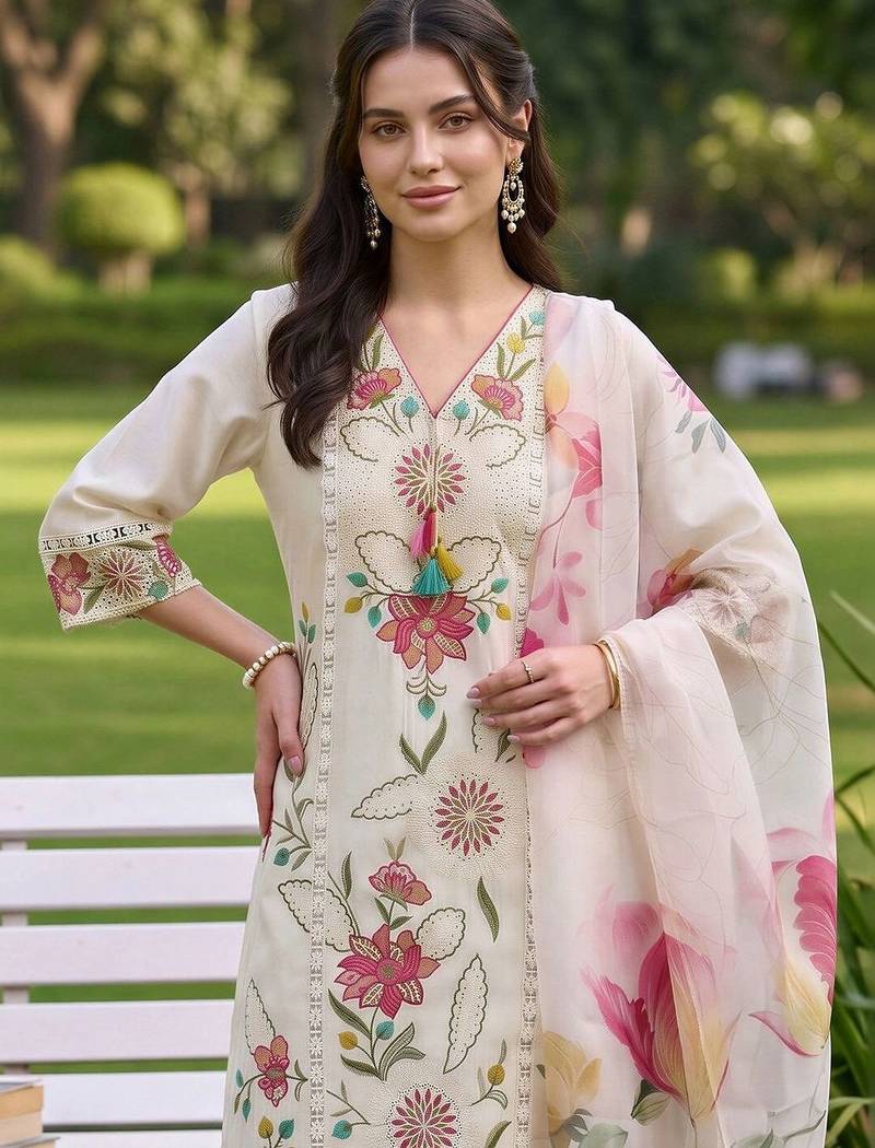 women floral embroidered regular thread work kurta with trousers with dupatta