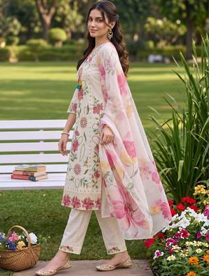 women floral embroidered regular thread work kurta with trousers with dupatta 3