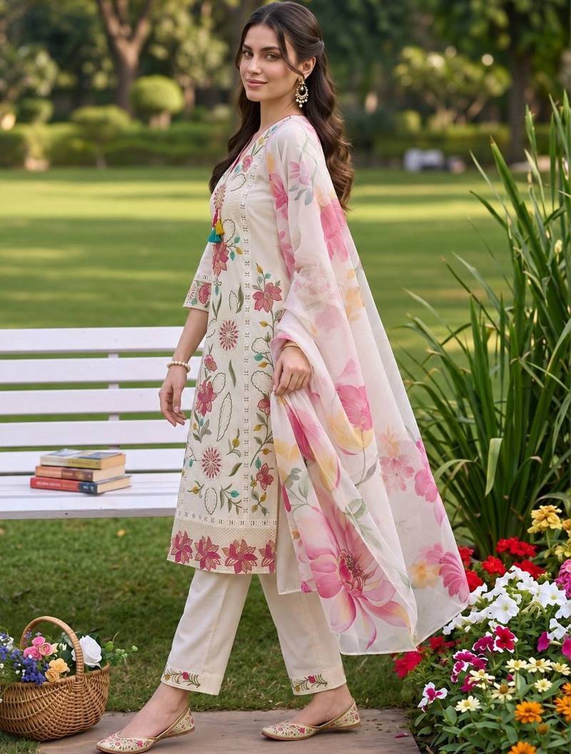 women floral embroidered regular thread work kurta with trousers with dupatta