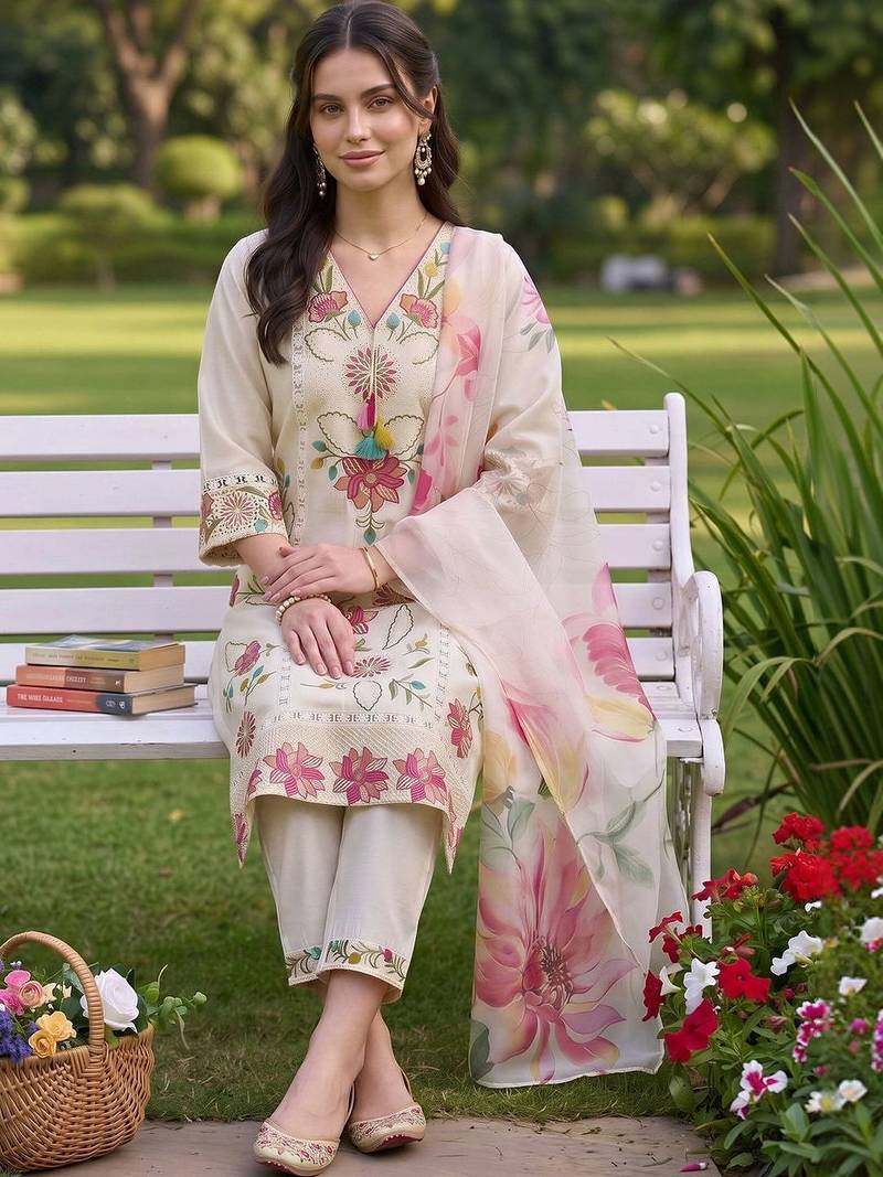 women floral embroidered regular thread work kurta with trousers with dupatta