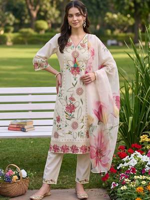 women floral embroidered regular thread work kurta with trousers with dupatta 6