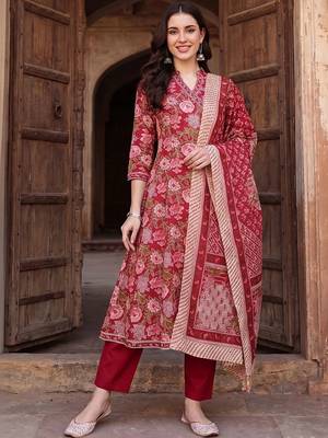 women floral printed regular cotton kurta with trousers & with dupatta 6