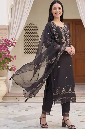 women ethnic motifs embroidered regular thread work kurta with trousers & with dupatta