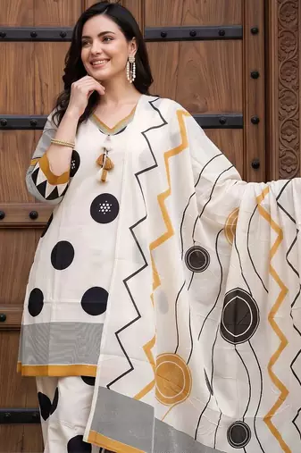women printed regular cotton kurta with trousers & with dupatta