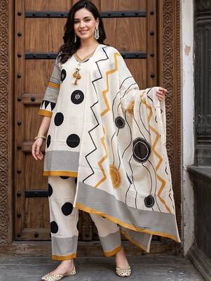 women printed regular cotton kurta with trousers & with dupatta 1