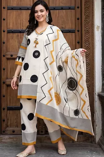 women printed regular cotton kurta with trousers & with dupatta