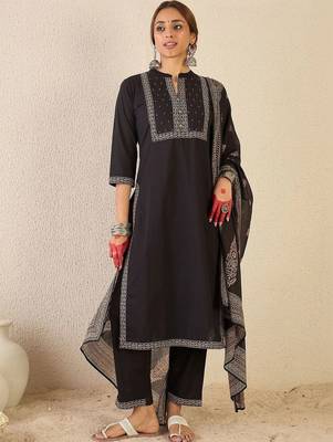 women ethnic motifs embroidered regular thread work cotton kurta with trousers & with dupatta 1