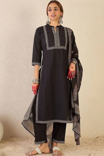 women ethnic motifs embroidered regular thread work cotton kurta with trousers & with dupatta