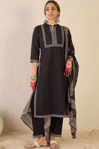 women ethnic motifs embroidered regular thread work cotton kurta with trousers & with dupatta