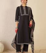 women ethnic motifs embroidered regular thread work cotton kurta with trousers & with dupatta