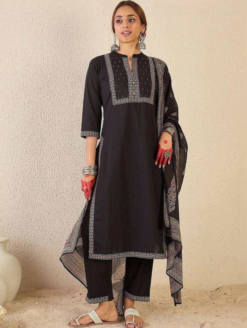 women ethnic motifs embroidered regular thread work cotton kurta with trousers & with dupatta