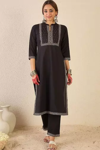 women ethnic motifs embroidered regular thread work cotton kurta with trousers & with dupatta