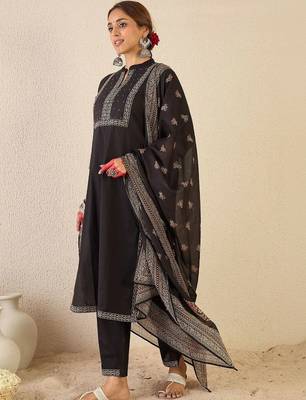 women ethnic motifs embroidered regular thread work cotton kurta with trousers & with dupatta 6