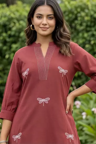 women ethnic motifs embroidered regular thread work cotton kurta with trousers