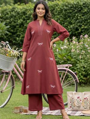 women ethnic motifs embroidered regular thread work cotton kurta with trousers 6