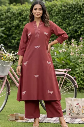 women ethnic motifs embroidered regular thread work cotton kurta with trousers