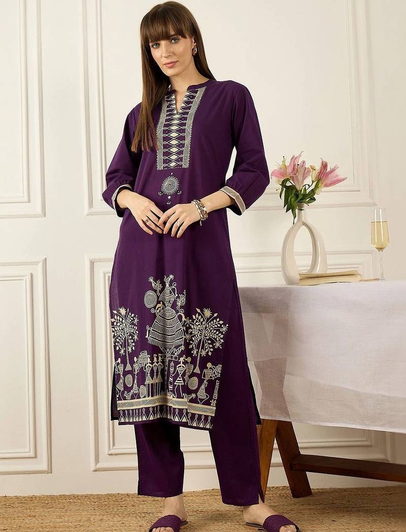 women ethnic motifs printed regular cotton kurta with trousers