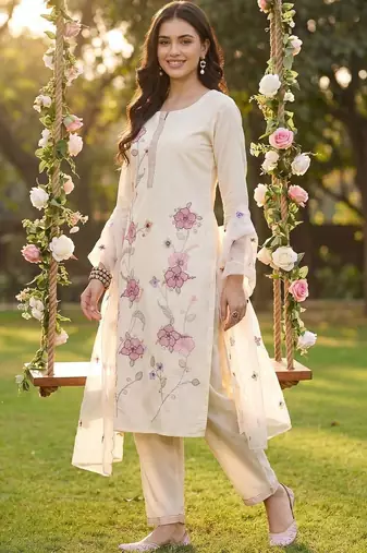 women floral embroidered regular thread work kurta with trousers & with dupatta