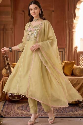 women ethnic motifs embroidered regular thread work kurta with trousers & with dupatta