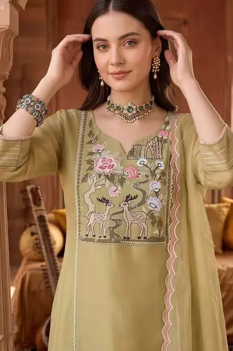 women ethnic motifs embroidered regular thread work kurta with trousers & with dupatta