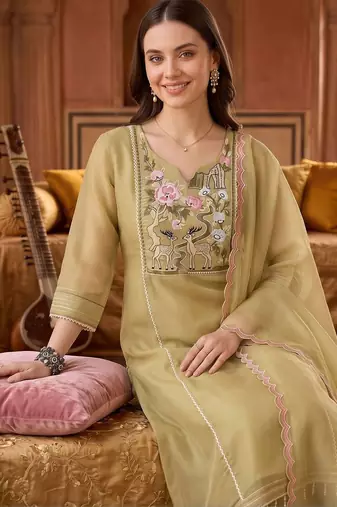 women ethnic motifs embroidered regular thread work kurta with trousers & with dupatta