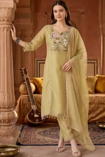 women ethnic motifs embroidered regular thread work kurta with trousers & with dupatta
