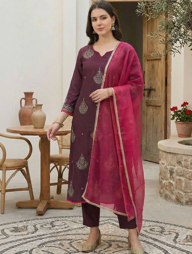 women ethnic motifs embroidered regular liva kurta with trousers & with dupatta