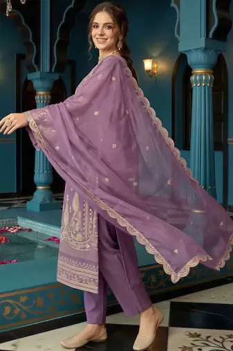 women ethnic motifs embroidered regular kurta with trousers & with dupatta