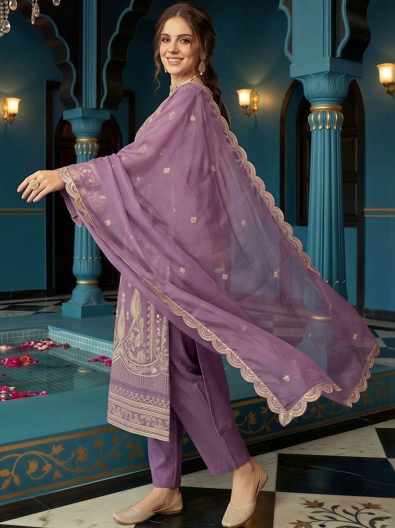 women ethnic motifs embroidered regular kurta with trousers & with dupatta