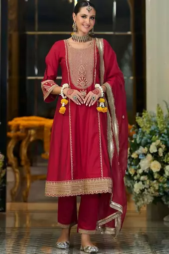 women ethnic motifs embroidered regular kurta with trousers & with dupatta