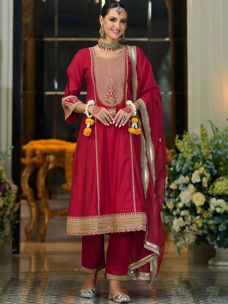 women ethnic motifs embroidered regular kurta with trousers & with dupatta