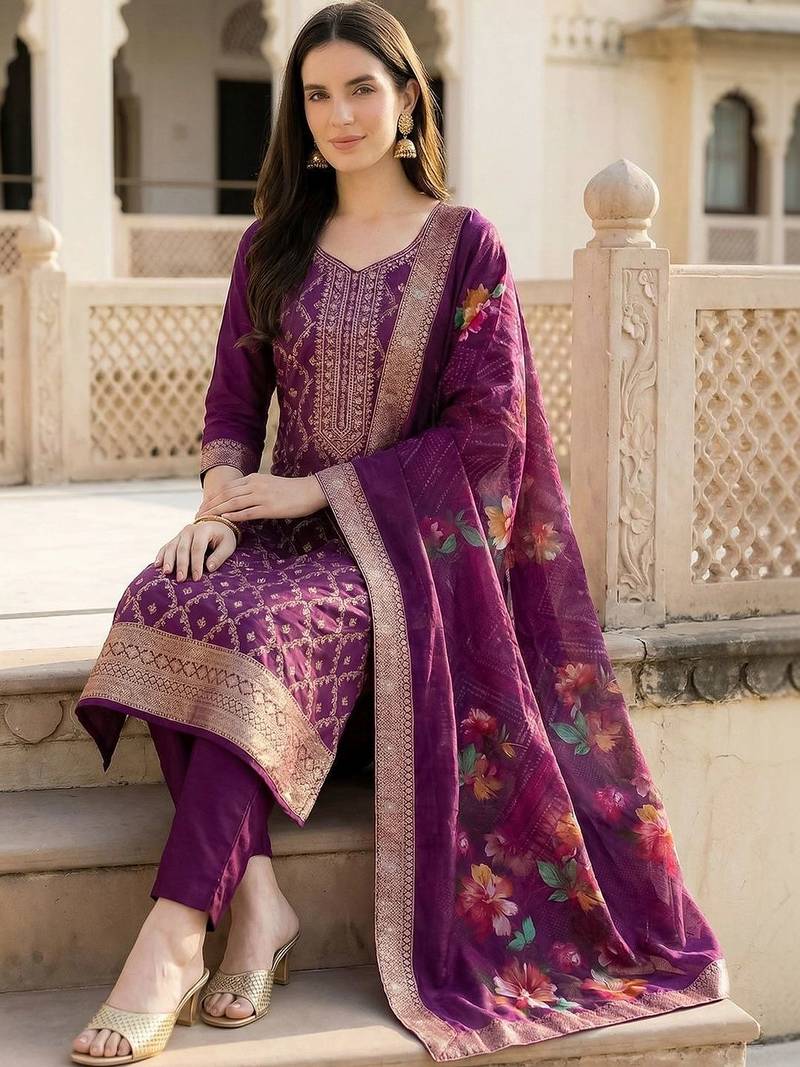 women ethnic motifs regular kurta with trousers & with dupatta