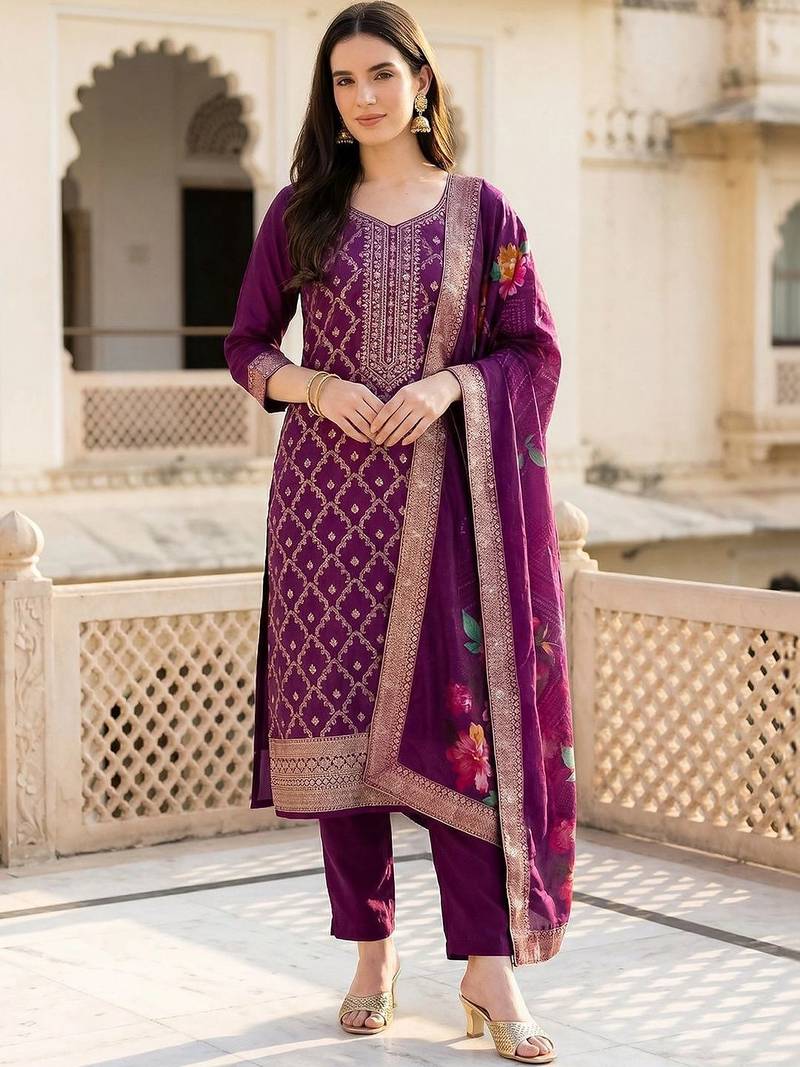 women ethnic motifs regular kurta with trousers & with dupatta