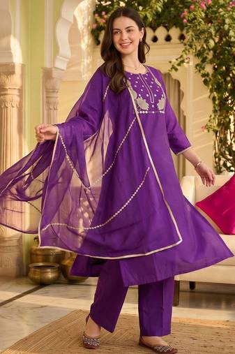 women ethnic motifs embroidered regular thread work liva kurta with palazzos & with dupatta