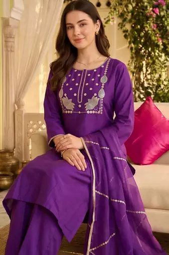 women ethnic motifs embroidered regular thread work liva kurta with palazzos & with dupatta