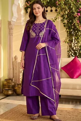women ethnic motifs embroidered regular thread work liva kurta with palazzos & with dupatta