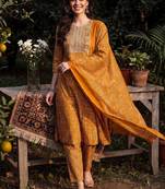 women ethnic motifs printed regular thread work cotton kurta with trousers & with dupatta