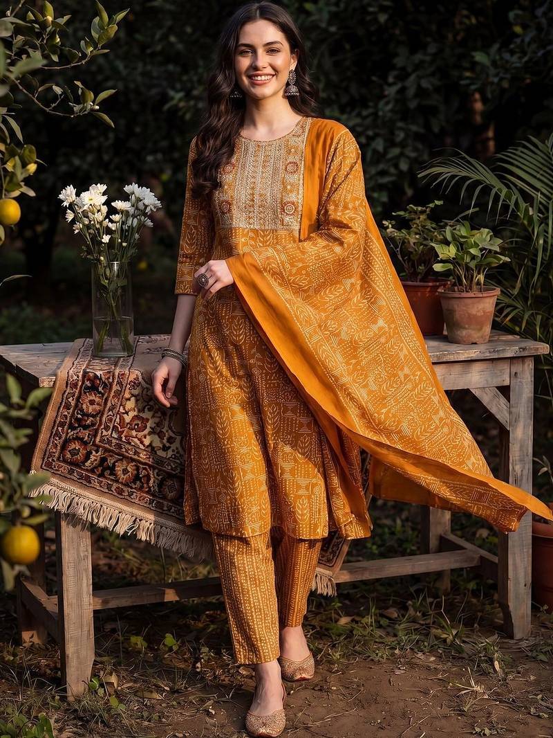women ethnic motifs printed regular thread work cotton kurta with trousers & with dupatta