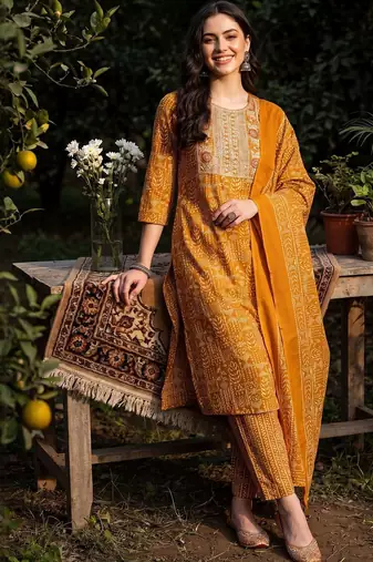 women ethnic motifs printed regular thread work cotton kurta with trousers & with dupatta