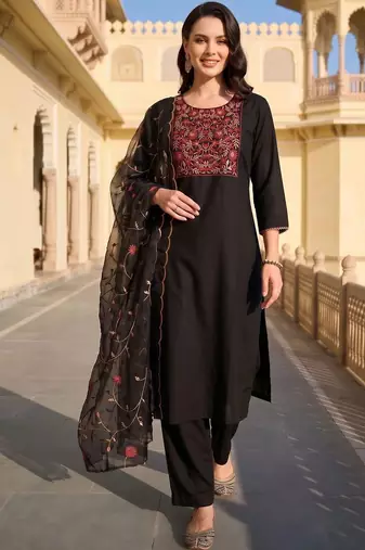 women ethnic motifs embroidered regular thread work kurta with trousers & with dupatta