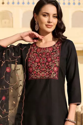 women ethnic motifs embroidered regular thread work kurta with trousers & with dupatta