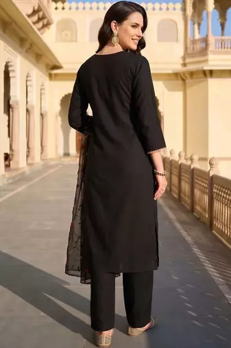 women ethnic motifs embroidered regular thread work kurta with trousers & with dupatta