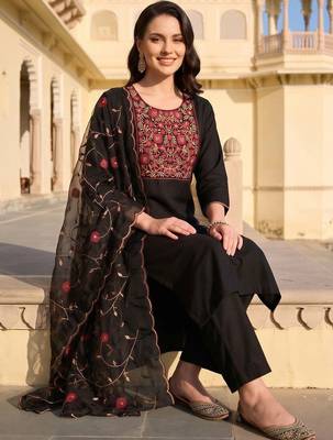 women ethnic motifs embroidered regular thread work kurta with trousers & with dupatta 5