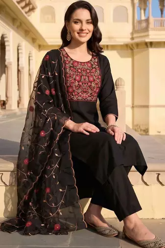 women ethnic motifs embroidered regular thread work kurta with trousers & with dupatta