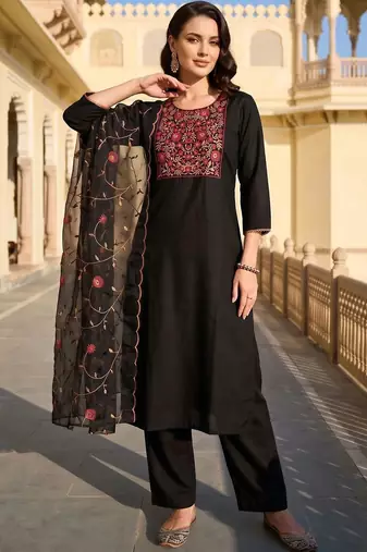 women ethnic motifs embroidered regular thread work kurta with trousers & with dupatta