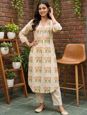 women ethnic motifs printed regular cotton kurta with trousers 6