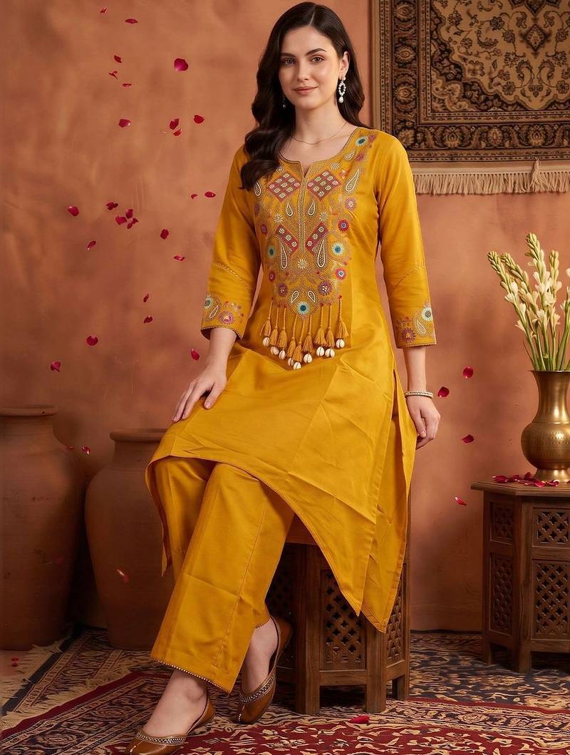 women ethnic motifs embroidered regular thread work kurta with trousers