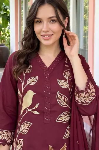 women ethnic motifs embroidered regular thread work cotton kurta with trousers & with dupatta