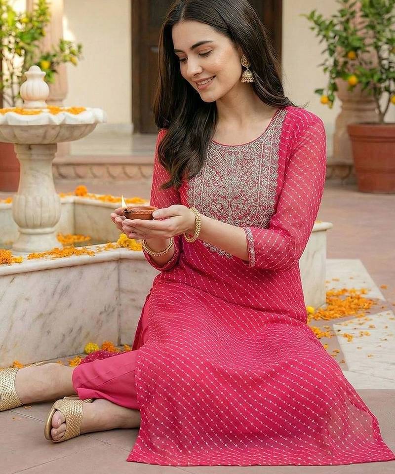 women printed regular sequinned kurta with trousers